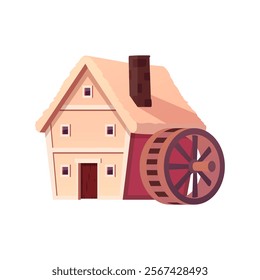 Flat Vector illustration of old wooden water mill on isolated background. Medieval building with windows, chimney, door and water wheel. Vintage architecture. Wheat grinding.