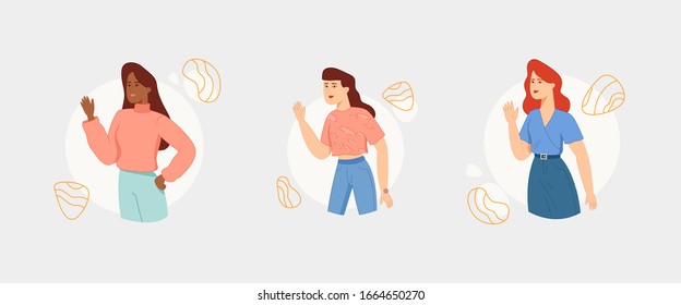 Flat vector illustration. Vector on abstract background.  Youth lifestyle.  Women's Day.  Diverse women.Races.  International Women's Day.  Female Characters collection.  Banner.