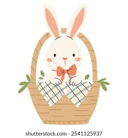 Flat vector illustration on Easter theme on white background. Cute Easter bunny sitting in a basket