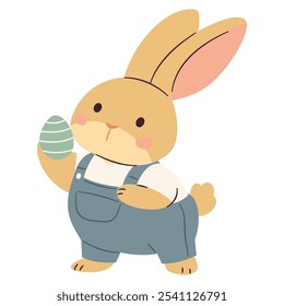 Flat vector illustration on Easter theme on white background. Cute bunny in denim comiison holding Easter egg