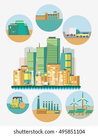 Flat vector illustration on energy sources. Electric power for city and urban areas. Wind, nuclear, solar, hydrogen and other energy use.