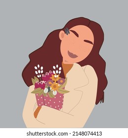 Flat vector illustration on gray background. Romantic mood of the girl. Beauty woman with brown hair holding a bouquet of spring flowers. Vector concept of pastel colors.