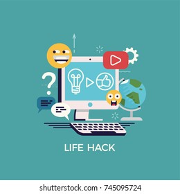 Flat vector illustration on life hack. Cool concept visual with social media creative process on generating and sharing ideas and knowledge on improving different life spheres