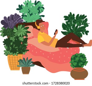Flat vector Illustration on man lies in bed with pillow and checking mobile phone, social media addiction concept visual, blanket surrounded by flowers  vector hand drawn style illustration