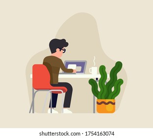 Flat vector illustration on man working on laptop seeing from behind, isolated