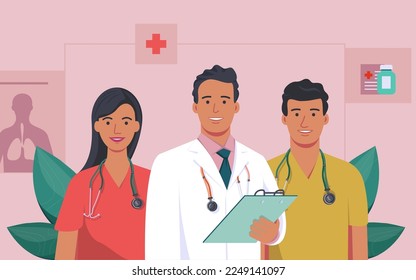 Flat vector illustration on medical theme with kindly cartoon characters  - doctors team two man and woman with leafs on the background - concept clinic interior - pharmacy store concept