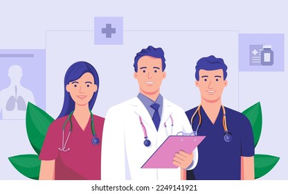 Flat vector illustration on medical theme with kindly cartoon characters  - doctors team man and woman - concept clinic interior - medical web banner