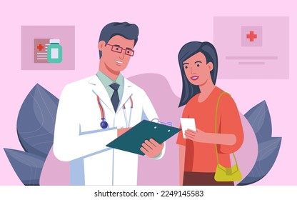 Ilustración vectorial plana sobre el tema médico con personajes de caricatura amables - consulta с con un médico en la clínica - médico y paciente - doctor escribe una prescripción