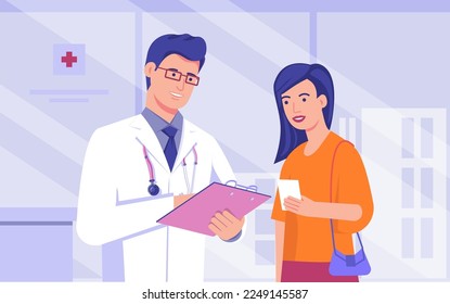 Flat vector illustration on medical theme with kindly cartoon characters  - сonsultation with a physician in the clinic - doctor and patient - doctor writes a prescription