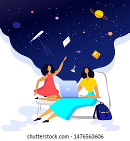 Flat vector illustration on mother leans over her daughter to help her in learning process. School and education themed concept illustration with tutor and schoolgirl characters and books around them