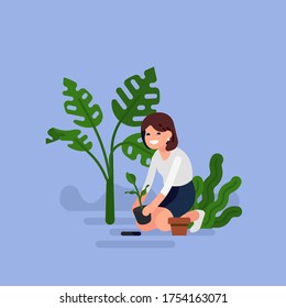 Flat vector illustration on smiling happy woman in white shirt and skirt planting a small sprout with leave into the ground. New beginning concept design