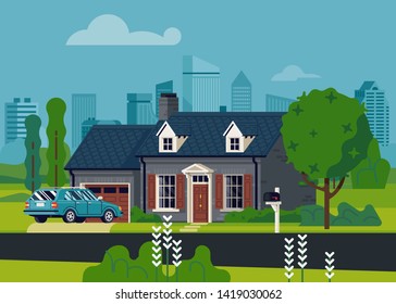 Flat Vector Illustration On Suburban Single Family House With Large City In The Background