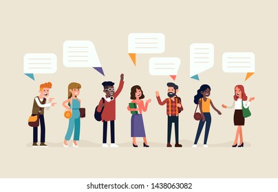 Flat vector illustration on talking and discussion. Diverse group of positive characters talking to each other. Different people in conversation and interaction poses