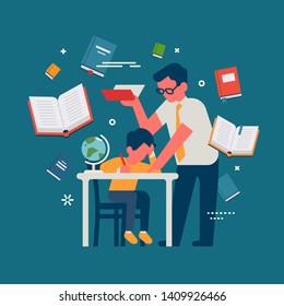 Flat vector illustration on teacher leans over student to help him in learning process. School and education themed concept illustration with tutor and schoolboy characters and books around them