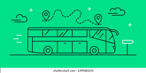 Ilustración vectorial plana sobre el tema de la logística, el transporte y los viajes con un gran autobús turístico. Icono de bus de interciudad en estilo lineal.