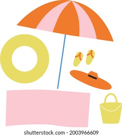 Flache Vektorgrafik zum Thema Sommer. Strandferien. Helle Sommerfarben. Seesaison. Vektorgrafik im Cartoon-Stil der Sommersymbole. Einzeln auf Weiß.