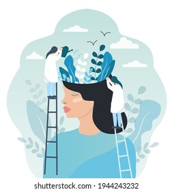 flat vector illustration on the topic of mental health. meditation. the head of a young girl from which flowers grow. doctors water these flowers. psychological help and support, therapy.