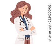 Flat vector illustration on white background. Cute woman doctor in white coat standing with arms folded on her chest