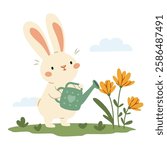 Flat vector illustration on white background in simple childish style. Cute rabbit watering flowers from watering can, spring illustration
