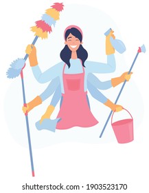 Flat vector illustration on a white background. Cleaning concept. Housewife in yellow rubber gloves cleans. Cleaning products in hands.