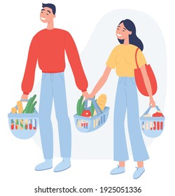 Ilustración vectorial plana sobre un fondo blanco. Una pareja joven comprando comestibles en una tienda.