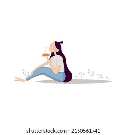 Flat vector illustration on white isolated background. Beautiful girl. The concept of rest or lunch. Girl holding a sandwich with red fish.
