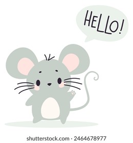 Flat vector illustration on white background. Cute mouse waving his paw. A speech bubble and the words Hello