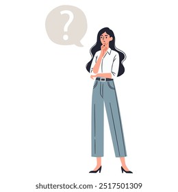 Flat vector illustration on white background. Woman in office clothes thinking about a problem, speech bubble and question mark