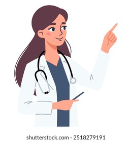 Ilustração de vetor plano sobre fundo branco. A médica está apontando com o dedo