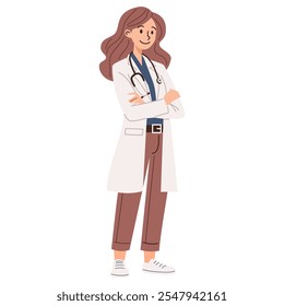 Ilustração de vetor plano sobre fundo branco. Médica mulher bonito de casaco branco de pé com braços cruzados em seu peito