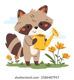 Flat vector illustration on white background in simple childish style. Cute raccoon watering flowers from watering can, spring illustration