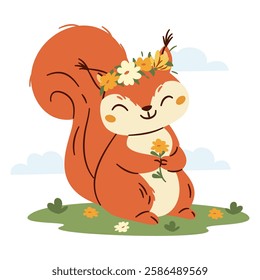 Flat vector illustration on white background in simple childish style. Cute squirrel with wreath of flowers on his head, holding flowers, spring illustration
