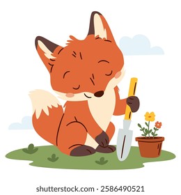 Flat vector illustration on white background in simple childish style. Cute fox planting flowers, spring illustration