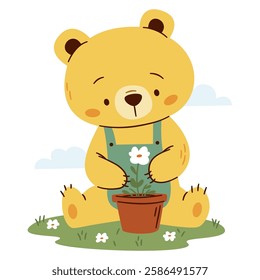 Flat vector illustration on white background in simple childish style. Cute bear cub planting flowers in a pot, spring illustration