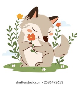 Flat vector illustration on white background in simple childish style. Cute wolf holding a flower in its paws, spring illustration