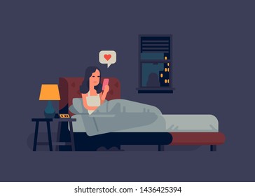 Flat vector illustration on woman sitting in her bed at night checking mobile phone before sleep. Screen time, text neck and social media addiction concept visual