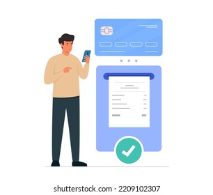 Flat vector illustration of online bill payment and mobile banking concept. Character with smartphone, credit card and payment bill isolated on white background.