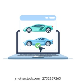 Flat vector illustration of an online car auction on a PC. Concept for digital vehicle marketplaces, online bidding, car rentals, and web-based automotive shopping.