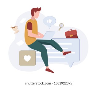
Flat Vector Illustration of online communication. There are Speech bubbles and Character using laptop for comments, testimonials and networking. Creative graphic for web page, banner and advertising.