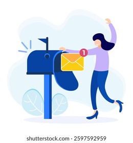 Flat vector illustration of online communication concept. Receiving new message, notification appears on mobile phone screen.