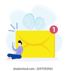 Flat vector illustration of online communication concept. Receiving new message, notification appears on mobile phone screen.