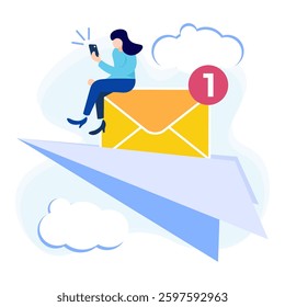 Flat vector illustration of online communication concept. Receiving new message, notification appears on mobile phone screen.