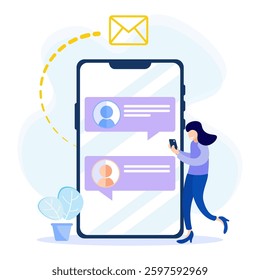 Flat vector illustration of online communication concept. Receiving new message, notification appears on mobile phone screen.