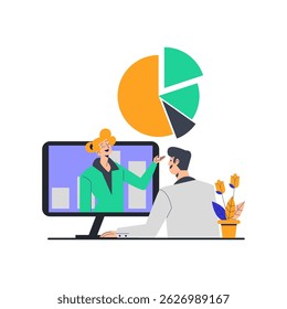 Flat vector illustration of online consulting with a consultant and client communicating virtually. Suitable for illustrating virtual business advice and support.