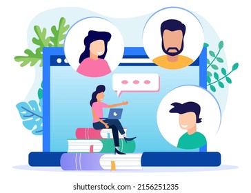 Ilustración vectorial plana de la discusión en línea y el concepto de videoconferencia. Trabajador de oficina trabajando Remotamente desde casa usando Laptop para Videoconferencia con colegas.