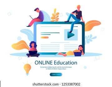 Flat vector illustration of online education concept with young people. Online courses. For web banner, infographics. Isolated on white
