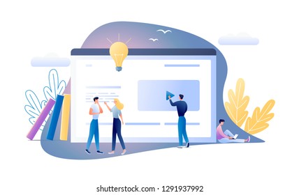 Flat vector illustration of online education concept with small people and computer screen. Online courses. For posters, banners, websites, booklets, flyers, cards, infographics. Isolated on white
