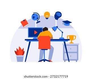 Flat vector illustration of online education, e-learning, remote study, and digital classroom concepts. Online learning illustration