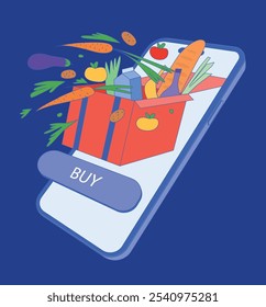 Ilustração de vetor plano de compras de supermercado on-line. Tela Smartphone com alimentos como legumes, pão, leite emergindo de uma caixa.conveniência, entrega de alimentos frescos e e-commerce em um estilo moderno.