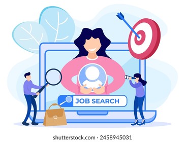 Flat vector illustration online job search job recruitment. Looking for skilled and experienced workers. Vacant company HR selection process.